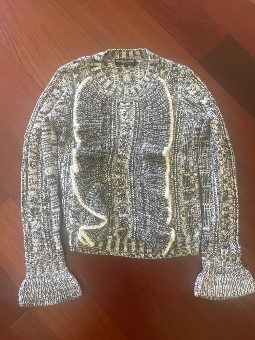 Central Park West Black & White Marled Knit Ruffle Pullover